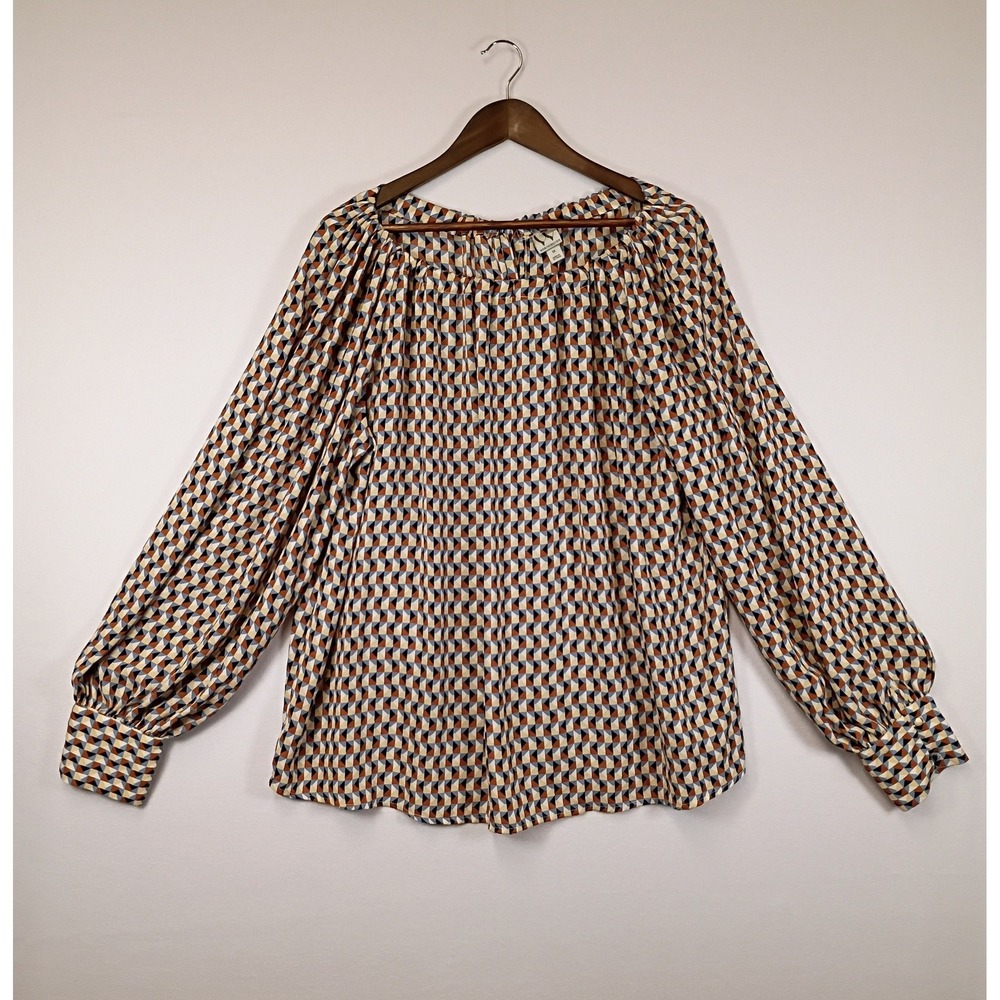 Retro Mod Worthington Women 1X Multicolor Geometric Tie Back Puff Sleeve Blouse